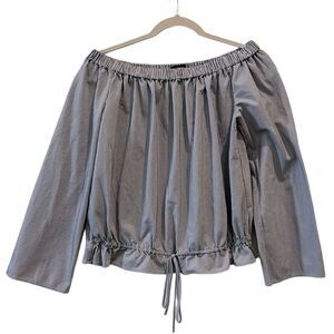 Theory Cropped Blue Seersucker Odettah Off The Shoulder Top Long Sleeve S      